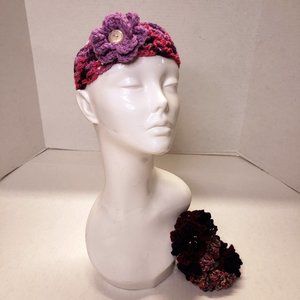 Woman's Handmade Crochet 2 Scrunchies and Flower Headband Purple Multicolor